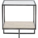 The appearance of Harlow Metal Square End Table designed by Bernhardt in the modern / contemporary interior design. This bronze/white travertine stone/clear piece of furniture  was selected by 1StopBedrooms from Harlow Collection to add a touch of cosiness and style into your home. Sku: 514121. Material: Steel.