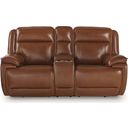 The appearance of Healy Pier Power Reclining Loveseat with Console In Chocolate designed by Signature Design by Ashley in the modern / contemporary interior design. This chocolate piece of furniture was selected by 1StopBedrooms from Healy Pier Collection to add a touch of cosiness and style into your home. Sku: U1120418. Material: Leather Match.