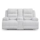 The appearance of Higgesbee Power Reclining Loveseat with Console In Alloy designed by Signature Design by Ashley in the modern / contemporary interior design. This alloy piece of furniture  was selected by 1StopBedrooms from Higgesbee Collection to add a touch of cosiness and style into your home. Sku: NC4280496. Material: Polyester.