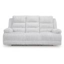 The appearance of Higgesbee Power Reclining Sofa with Drop Down Table In Alloy designed by Signature Design by Ashley in the modern / contemporary interior design. This alloy piece of furniture  was selected by 1StopBedrooms from Higgesbee Collection to add a touch of cosiness and style into your home. Sku: NC4280499. Material: Polyester.