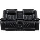 The appearance of Huron Power Double Reclining Loveseat with Center Console and Charging Ports In Black designed by Homelegance in the modern / contemporary interior design. This black piece of furniture was selected by 1StopBedrooms from Huron Collection to add a touch of cosiness and style into your home. Sku: 8457BLK-2PW. Material: Faux Leather.