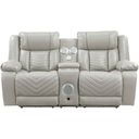 The appearance of Huron Power Double Reclining Loveseat with Center Console and Charging Ports In Gray designed by Homelegance in the modern / contemporary interior design. This gray piece of furniture was selected by 1StopBedrooms from Huron Collection to add a touch of cosiness and style into your home. Sku: 8457GRY-2PW. Material: Faux Leather.
