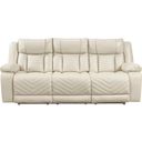 The appearance of Huron Power Double Reclining Sofa with Center Drop-Down Cup Holders and Charging Ports In Beige designed by Homelegance in the modern / contemporary interior design. This beige piece of furniture  was selected by 1StopBedrooms from Huron Collection to add a touch of cosiness and style into your home. Sku: 8457BEG-3PW. Material: Faux Leather.