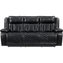 The appearance of Huron Power Double Reclining Sofa with Center Drop-Down Cup Holders and Charging Ports In Black designed by Homelegance in the modern / contemporary interior design. This black piece of furniture was selected by 1StopBedrooms from Huron Collection to add a touch of cosiness and style into your home. Sku: 8457BLK-3PW. Material: Faux Leather.