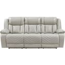 The appearance of Huron Power Double Reclining Sofa with Center Drop-Down Cup Holders and Charging Ports In Gray designed by Homelegance in the modern / contemporary interior design. This gray piece of furniture was selected by 1StopBedrooms from Huron Collection to add a touch of cosiness and style into your home. Sku: 8457GRY-3PW. Material: Faux Leather.
