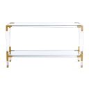The appearance of Jacques Console In Brass and Clear Acrylic designed by Jonathan Adler in the modern / contemporary interior design. This brass and clear acrylic piece of furniture  was selected by 1StopBedrooms from Jacques Collection to add a touch of cosiness and style into your home. Sku: 18642. Material: Acrylic.