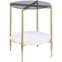 The appearance of Jonelle Round Glass Top End Table White Marble Shelf In Smoke designed by Coaster in the modern / contemporary interior design. This smoke piece of furniture  was selected by 1StopBedrooms from Jonelle Collection to add a touch of cosiness and style into your home. Sku: 710337. Material: Glass.