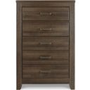 The appearance of Juararo Five Drawer Chest designed by Signature Design by Ashley in the transitional interior design. This dark brown piece of furniture  was selected by 1StopBedrooms from Juararo Collection to add a touch of cosiness and style into your home. Sku: B251-46. Material: Wood.