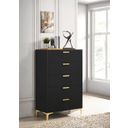 The appearance of Kendall 5-drawer Chest Black and Gold designed by Coaster in the glam interior design. This black piece of furniture was selected by 1StopBedrooms from Kendall Collection to add a touch of cosiness and style into your home. Sku: 224455. Material: Wood.