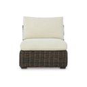 The appearance of Kimora Outdoor Armless Chair with Cushion In Beige and Dark Brown designed by Signature Design by Ashley in the transitional interior design. This beige and dark brown piece of furniture was selected by 1StopBedrooms from Kimora Collection to add a touch of cosiness and style into your home. Sku: P711-846. Material: Fabric.