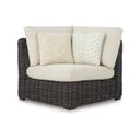 The appearance of Kimora Outdoor Corner Chair with Cushion In Beige and Dark Brown designed by Signature Design by Ashley in the transitional interior design. This beige and dark brown piece of furniture was selected by 1StopBedrooms from Kimora Collection to add a touch of cosiness and style into your home. Sku: P711-877. Material: Fabric.