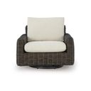 The appearance of Kimora Outdoor Swivel Lounge Chair In Beige and Dark Brown designed by Signature Design by Ashley in the transitional interior design. This beige and dark brown piece of furniture was selected by 1StopBedrooms from Kimora Collection to add a touch of cosiness and style into your home. Sku: P711-821. Material: Fabric.