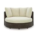 The appearance of Kimora Outdoor Swivel Lounge Chair with Cushion In Beige and Dark Brown designed by Signature Design by Ashley in the transitional interior design. This beige and dark brown piece of furniture was selected by 1StopBedrooms from Kimora Collection to add a touch of cosiness and style into your home. Sku: P711-810. Material: Fabric.