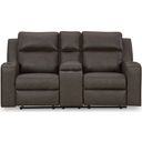 The appearance of Lavenhorne Double Reclining Loveseat With Console In Granite designed by Signature Design by Ashley in the modern / contemporary interior design. This granite piece of furniture was selected by 1StopBedrooms from Lavenhorne Collection to add a touch of cosiness and style into your home. Sku: 6330694. Material: Faux Leather.