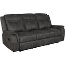 The appearance of Lawrence Upholstered Tufted Back Motion Sofa designed by Coaster in the transitional interior design. This charcoal piece of furniture was selected by 1StopBedrooms from Lawrence Collection to add a touch of cosiness and style into your home. Sku: 603504. Material: Microfiber.