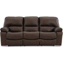 The appearance of Leesworth Reclining Power Sofa In Dark Brown designed by Signature Design by Ashley in the modern / contemporary interior design. This dark brown piece of furniture  was selected by 1StopBedrooms from Leesworth Collection to add a touch of cosiness and style into your home. Sku: U4380887. Material: Faux Leather.