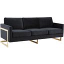 The appearance of LeisureMod Lincoln Modern Mid-Century Upholstered Black Velvet Sofa with Gold Frame designed by LeisureMod in the modern / contemporary interior design. This midnight black piece of furniture was selected by 1StopBedrooms from Lincoln Collection to add a touch of cosiness and style into your home. Sku: LA83BL. Material: Velvet.