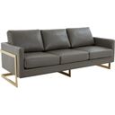 The appearance of LeisureMod Lincoln Modern Mid-Century Upholstered Leather Grey Sofa with Gold Frame designed by LeisureMod in the modern / contemporary interior design. This grey piece of furniture  was selected by 1StopBedrooms from Lincoln Collection to add a touch of cosiness and style into your home. Sku: LA83GR-L. Material: Plywood.