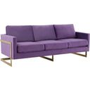 LeisureMod Lincoln Modern Mid-Century Upholstered Purple Velvet Sofa with Gold Frame