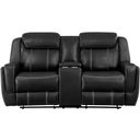The appearance of Littleton Double Reclining Loveseat with Center Console and USB Ports In Black designed by Homelegance in the modern / contemporary interior design. This black piece of furniture  was selected by 1StopBedrooms from Littleton Collection to add a touch of cosiness and style into your home. Sku: 8516BK-2. Material: Faux Leather.