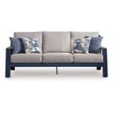 The appearance of Mabry Shores Outdoor Sofa with Cushion In Blue designed by Signature Design by Ashley in the modern / contemporary interior design. This blue piece of furniture was selected by 1StopBedrooms from Mabry Shores Collection to add a touch of cosiness and style into your home. Sku: P587-838. Material: Fabric.