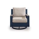 The appearance of Mabry Shores Outdoor Swivel Glider Chair with Cushion In Blue designed by Signature Design by Ashley in the modern / contemporary interior design. This blue piece of furniture was selected by 1StopBedrooms from Mabry Shores Collection to add a touch of cosiness and style into your home. Sku: P587-821. Material: Aluminium.