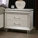 The appearance of Maddie Night Stand In Pearl White designed by Furniture of America in the modern / contemporary interior design. This pearl white piece of furniture  was selected by 1StopBedrooms from Maddie Collection to add a touch of cosiness and style into your home. Sku: CM7899N. Material: Wood.