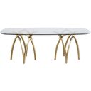 The appearance of Madelyn Dining Table In Gold designed by Meridian in the modern / contemporary interior design. This gold piece of furniture  was selected by 1StopBedrooms from Madelyn Collection to add a touch of cosiness and style into your home. Sku: 553-T Box 1/2 (Glass Top);553-T Box 2/2 (Base). Table Top Shape: Rectangular. Material: Iron. Size: 42" x 91".