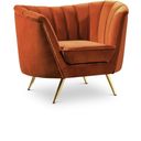 The appearance of Margo Velvet Chair In Cognac designed by Meridian in the modern / contemporary interior design. This cognac piece of furniture  was selected by 1StopBedrooms from Margo Collection to add a touch of cosiness and style into your home. Sku: 622Cognac-C. Material: Velvet.
