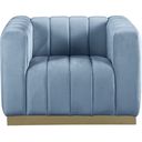 The appearance of Marlon Velvet Chair In Sky Blue designed by Meridian in the modern / contemporary interior design. This sky blue piece of furniture  was selected by 1StopBedrooms from Marlon Collection to add a touch of cosiness and style into your home. Sku: 603SkyBlu-C. Material: Velvet.