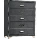The appearance of Melody 5-drawer Upholstered Chest Grey designed by Coaster in the glam interior design. This grey piece of furniture  was selected by 1StopBedrooms from Melody Collection to add a touch of cosiness and style into your home. Sku: 223385. Material: Upholstered.