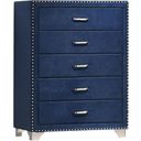 The appearance of Melody 5-drawer Upholstered Chest Pacific Blue designed by Coaster in the glam interior design. This pacific blue piece of furniture was selected by 1StopBedrooms from Melody Collection to add a touch of cosiness and style into your home. Sku: 223375. Material: Upholstered.