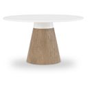The appearance of Melrose Complete Round Dining Table In Cloud White and Desert Oak designed by Legacy Classic in the transitional interior design. This cloud white and desert oak piece of furniture  was selected by 1StopBedrooms from Melrose Collection to add a touch of cosiness and style into your home. Sku: 4230-520T;4230-520B. Table Top Shape: Round. Size: 54". Material: Solid Hardwood.