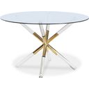 The appearance of Mercury Round Dining Table In Acrylic and Gold designed by Meridian in the modern / contemporary interior design. This gold piece of furniture was selected by 1StopBedrooms from Mercury Collection to add a touch of cosiness and style into your home. Sku: 916-T Box 1/2 (Glass Top);916-T Box 2/2 (Base). Table Top Shape: Round. Material: Metal. Size: 48".