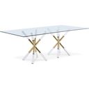 The appearance of Mercury Retangular Dining Table In Acrylic and Gold designed by Meridian in the modern / contemporary interior design. This gold piece of furniture was selected by 1StopBedrooms from Mercury Collection to add a touch of cosiness and style into your home. Sku: 917-T Box 1/2 (Glass Top);917-T Box 2/2 (Base). Material: Metal. Table Top Shape: Rectangular. Size: 42" x 84".
