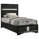 The appearance of Miranda 54 Inch Upholstered Twin Panel Bed In Black designed by Coaster in the modern / contemporary interior design. This black piece of furniture  was selected by 1StopBedrooms from Miranda Collection to add a touch of cosiness and style into your home. Sku: 206360TB1;206360TB2. Bed Type: Panel Bed. Material: Polyester. Bed Size: Twin.