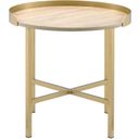 The appearance of Mithea End Table In Oak Table Top And Gold designed by ACME in the modern / contemporary interior design. This gold piece of furniture  was selected by 1StopBedrooms from Mithea Collection to add a touch of cosiness and style into your home. Sku: 82337. Material: Wood.