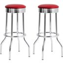 The appearance of Retro Upholstered Top Bar Stools Red and Chrome Set of 2 designed by Coaster in the modern / contemporary interior design. This red piece of furniture  was selected by 1StopBedrooms from Retro Collection to add a touch of cosiness and style into your home. Sku: 2299R. Material: Metal.