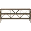 The appearance of Montclair Brindle Console In Smoked Gold and Travertine designed by Universal in the transitional interior design. This smoked gold and travertine piece of furniture was selected by 1StopBedrooms from Montclair Collection to add a touch of cosiness and style into your home. Sku: U508803. Material: Metal.
