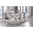 The appearance of Neuveville Dining Table In White and Chrome designed by Furniture of America in the glam interior design. This white and chrome piece of furniture  was selected by 1StopBedrooms from Neuveville Collection to add a touch of cosiness and style into your home. Sku: CM3903WH-T-1;CM3903T-2;CM3903T-3. Table Top Shape: Rectangular. Material: Stainless Steel. Size: 79" x 39".