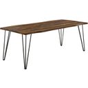 The appearance of Neve Live-edge Dining Table with Hairpin Legs Sheesham Grey and Gunmetal designed by Coaster in the country / farmhouse interior design. This grey piece of furniture  was selected by 1StopBedrooms from Neve Collection to add a touch of cosiness and style into your home. Sku: 193861B1;193861B2. Material: Wood. Table Top Shape: Rectangular. Size: 37" x 80".