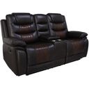 The appearance of Nikko Console Loveseat with Dual Recliners In Brown designed by New Classic in the modern / contemporary interior design. This brown piece of furniture was selected by 1StopBedrooms from Nikko Collection to add a touch of cosiness and style into your home. Sku: U7005-25-BRN. Material: Faux Leather.