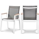 The appearance of Nizuc Water Resistant Fabric Outdoor Patio Aluminum Mesh Dining Arm Chair Set of 2 In Grey designed by Meridian in the modern / contemporary interior design. This grey piece of furniture was selected by 1StopBedrooms from Nizuc Collection to add a touch of cosiness and style into your home. Sku: 365Grey-AC. Material: Aluminum.