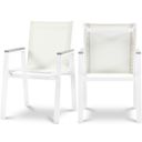 The appearance of Nizuc Water Resistant Fabric Outdoor Patio Aluminum Mesh Dining Arm Chair Set of 2 In White/Grey designed by Meridian in the modern / contemporary interior design. This white piece of furniture was selected by 1StopBedrooms from Nizuc Collection to add a touch of cosiness and style into your home. Sku: 366White-AC. Material: Aluminum.