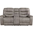 The appearance of Oberon Double Reclining Loveseat with Center Console In Brown and Gray designed by Homelegance in the modern / contemporary interior design. This brown and gray piece of furniture was selected by 1StopBedrooms from Oberon Collection to add a touch of cosiness and style into your home. Sku: 9634GBR-2. Material: Microfiber.