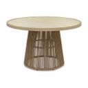 The appearance of Ocean Park Outdoor Dining Table In Beige designed by Signature Design by Ashley in the modern / contemporary interior design. This beige piece of furniture  was selected by 1StopBedrooms from Ocean Park Collection to add a touch of cosiness and style into your home. Sku: P373-615B;P373-615T. Table Top Shape: Round.