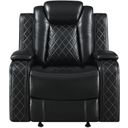 The appearance of Orion II Glider Recliner with Power Footrest and Headrest In Black designed by New Classic in the modern / contemporary interior design. This black piece of furniture was selected by 1StopBedrooms from Orion Collection to add a touch of cosiness and style into your home. Sku: U1769V-13P2-BLK. Material: Faux Leather.