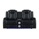 The appearance of Orion II Reclining Console Loveseat with Power Footrests and Headrests In Black designed by New Classic in the modern / contemporary interior design. This black piece of furniture was selected by 1StopBedrooms from Orion Collection to add a touch of cosiness and style into your home. Sku: U1769V-25P2-BLK. Material: Faux Leather.