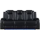 The appearance of Orion II Reclining Sofa with Power Footrests and Headrests In Black designed by New Classic in the modern / contemporary interior design. This black piece of furniture was selected by 1StopBedrooms from Orion Collection to add a touch of cosiness and style into your home. Sku: U1769V-30P2-BLK. Material: Faux Leather.