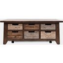 The appearance of Painted Canyon Box Coffee Table with Pull Through Drawers and Caster Wheels In Distressed Brown designed by Jofran in the rustic / southwestern interior design. This distressed brown piece of furniture  was selected by 1StopBedrooms from Canyon Collection to add a touch of cosiness and style into your home. Sku: 1600-5. Material: Acacia.
